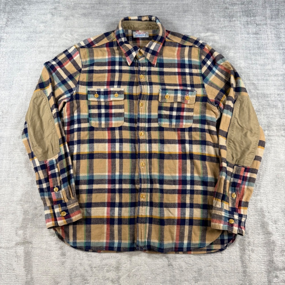 The Superior Labor Shirt Mens Medium Plaid Flannel Elbow Patches Made in Japan